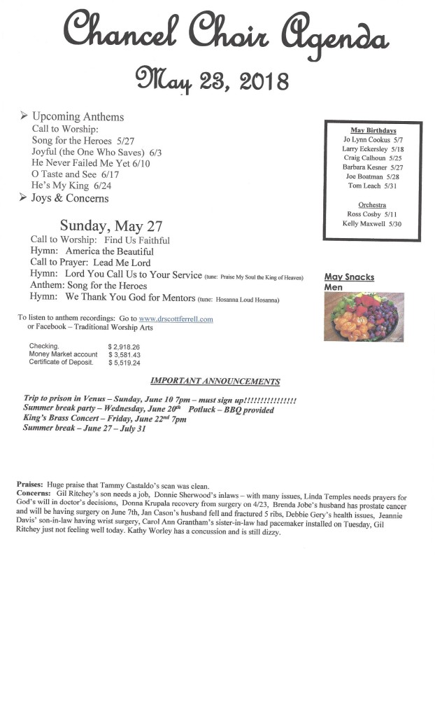 Choir Agenda 5-24-18